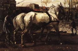 George-Hendrik Breitner Two White Horses Pulling Posts in Amsterdam